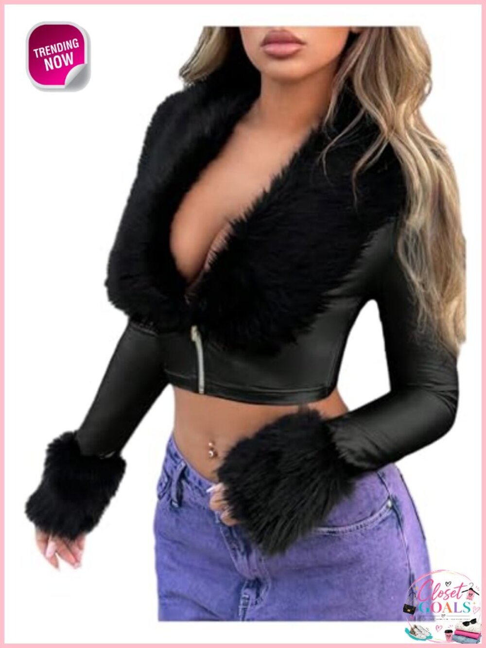 PU Leather Cropped Jacket Fuzzy Zip Up Long Sleeve Crop Coat Slim Fit